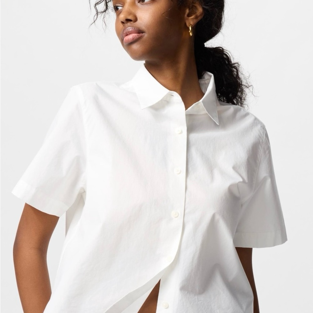 Uniqlo White Rayon Button Down Shirt Short Sleeve Boxy Fit